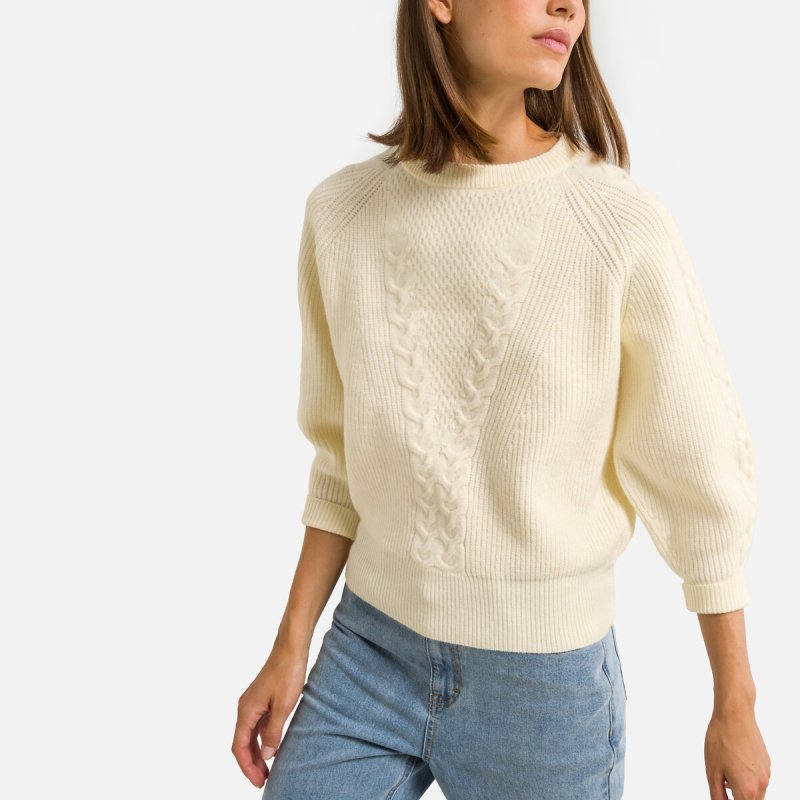 Пуловер LaRedoute Пуловер С круглым вырезом и узором косички M/L белый