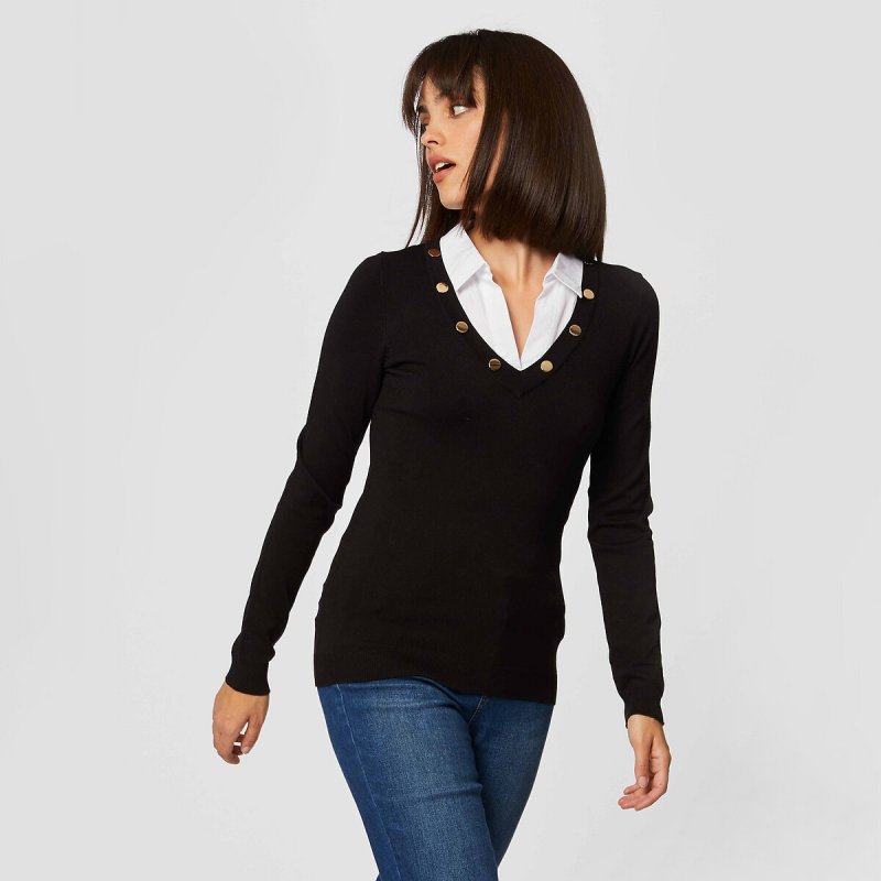 Пуловер LaRedoute Пуловер С эффектом 2 в 1 рубашечный воротник S черный
