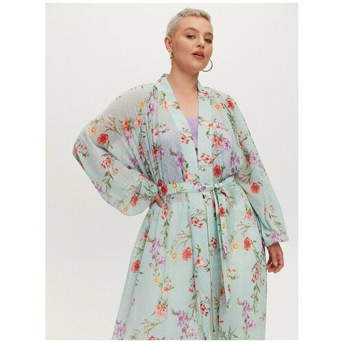 Платье-кимоно удлиненное, цветочный принт, голубой (L-XL)