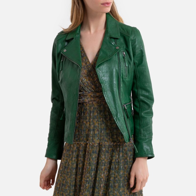 Натуральная LaRedoute Натуральная Кожаная куртка женская в байкерском стиле овечья кожа CAMERA XS зеленый