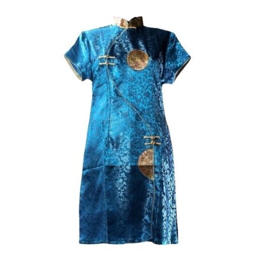 Китайское платье Ципао голубое с желтым орнаментом (размер L) VITtovar