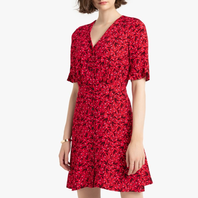 Платье LaRedoute Платье Короткое расклешенное с V-образным вырезом и короткими рукавами 40 красный