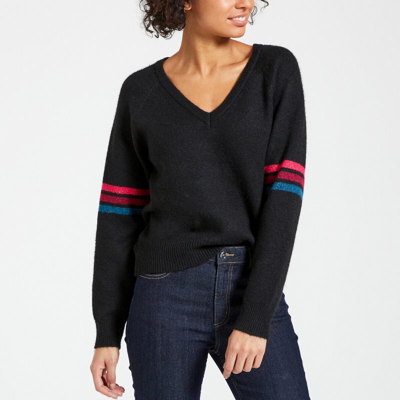 Пуловер из тонкого трикотажа V-образный вырез полоски на рукавах XS черный