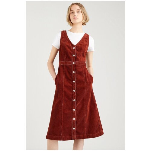 Платье Levi's, деним, хлопок, в классическом стиле, полуприлегающее, макси, карманы, размер S, красный