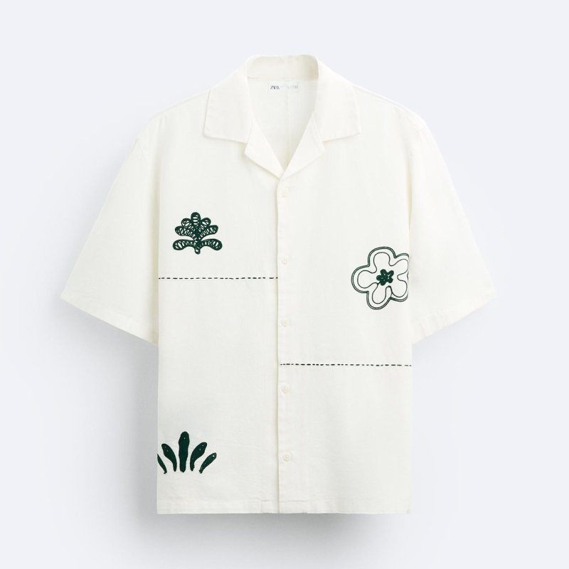 Рубашка Zara Contrast Embroidered, кремово-белый/зеленый