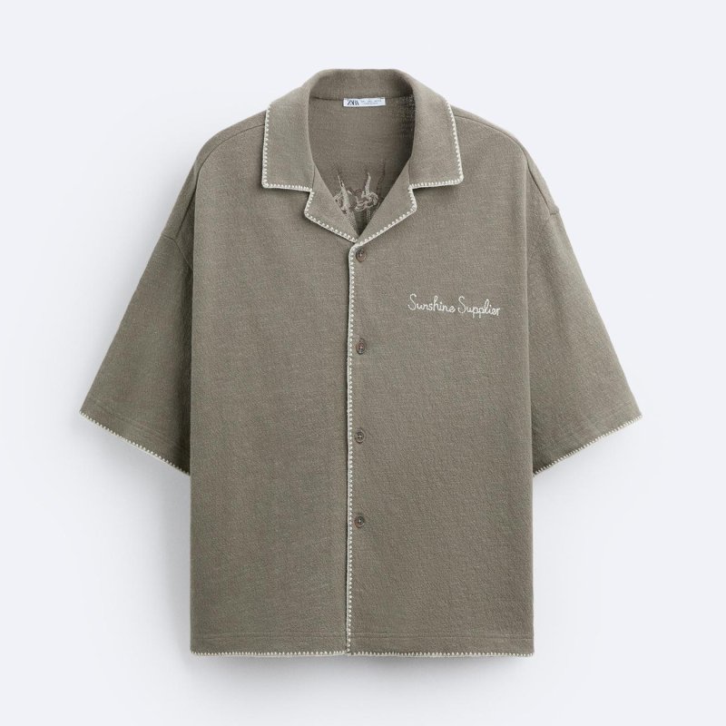 Рубашка Zara Contrast Embroidered, коричневато-серый