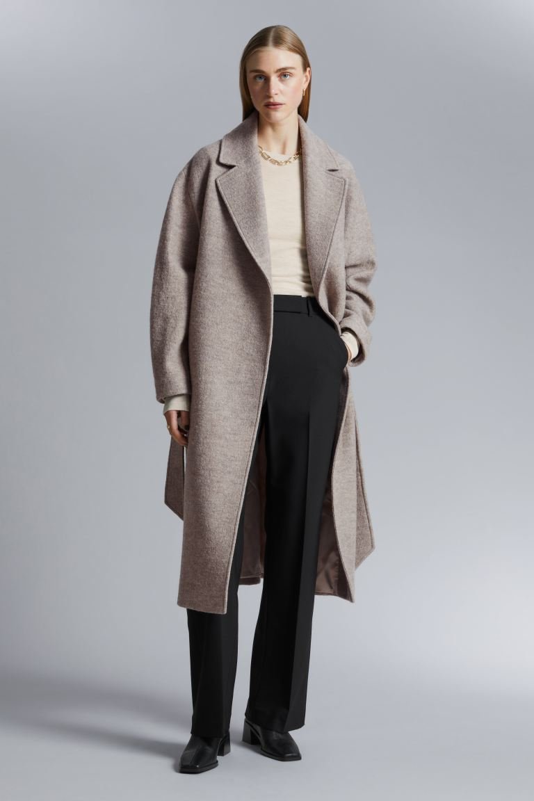 Широкое шерстяное пальто с поясом H&M, бежевый