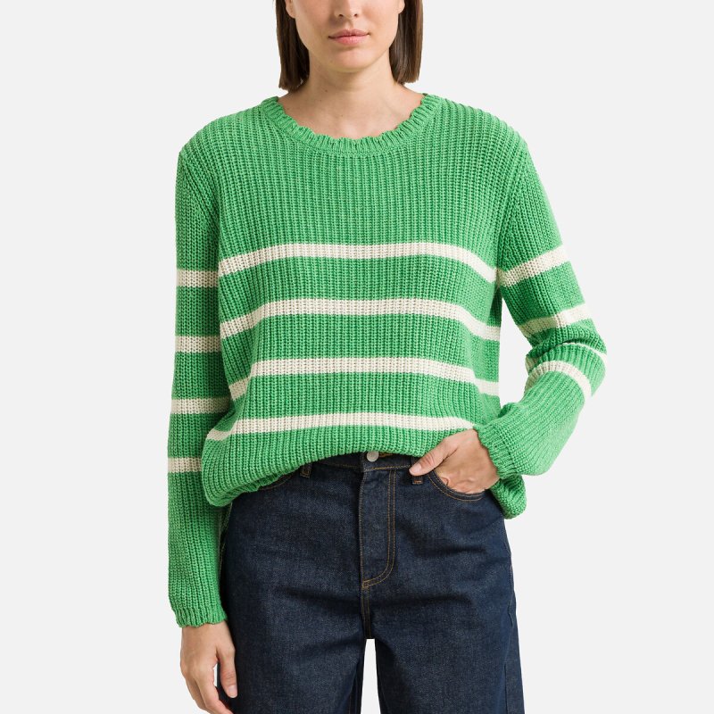 Пуловер в полоску круглый вырез M зеленый