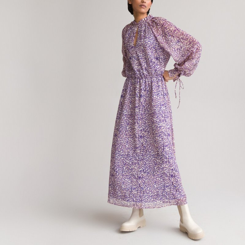 Платье LaRedoute Платье Длинное с воротником-стойкой и напускными рукавами с принтом 52 фиолетовый