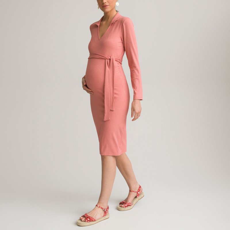 Платье LaRedoute Платье Для периода беременности прямое воротник-поло длинные рукава M розовый