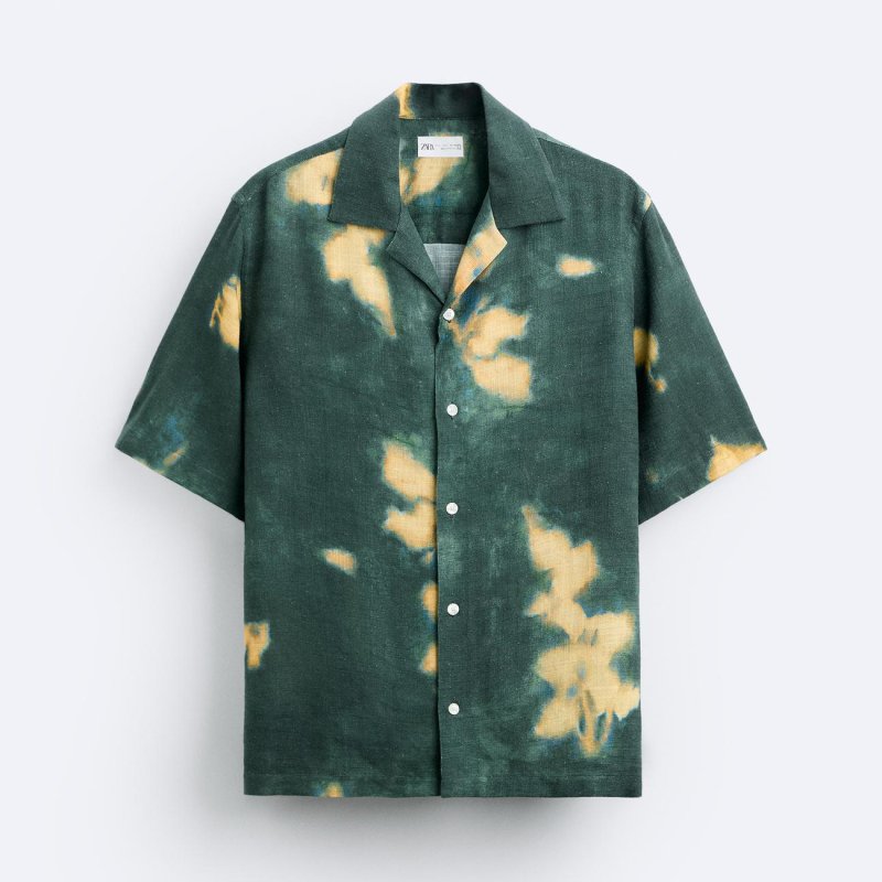 Рубашка Zara Printed Linen/viscose, зеленый